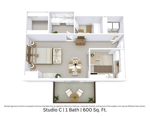 Floor plan for studio, 1 bath, 600 sqft